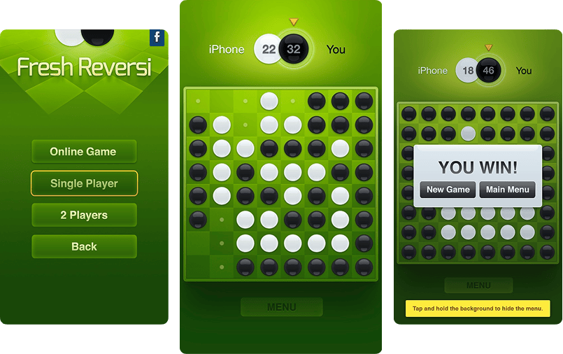 フレッシュリバーシ / オセロゲームスクリーンショット メインメニューとゲームプレイ