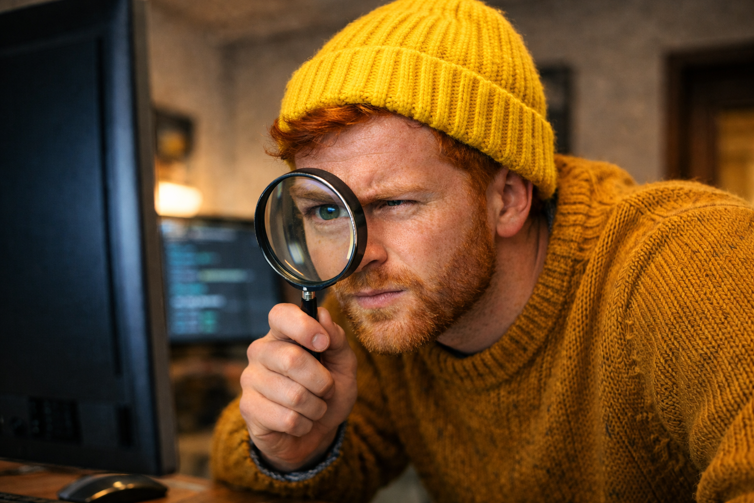 A developer closely inspecting code through a magnifying glass, representing AI-powered vulnerability scanning